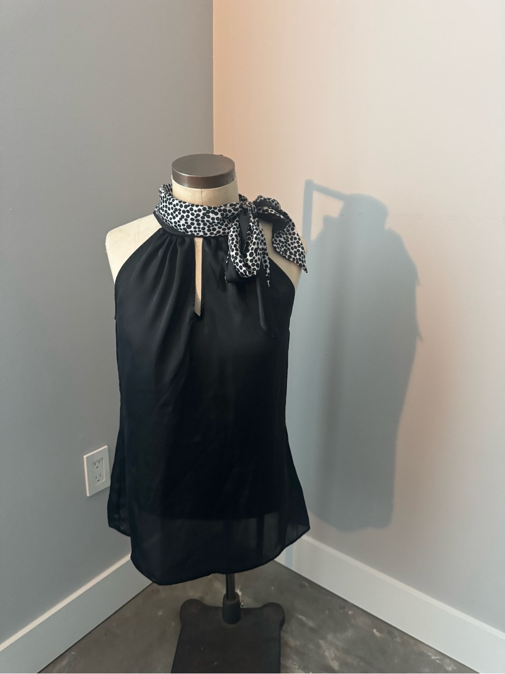White House Black Market Black Halter Camisole with Polka Dot Neck Tie